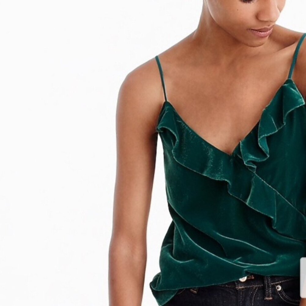 J. Crew Green Going Out Velvet Cami Tank Top Evergreen Ruffle 12T